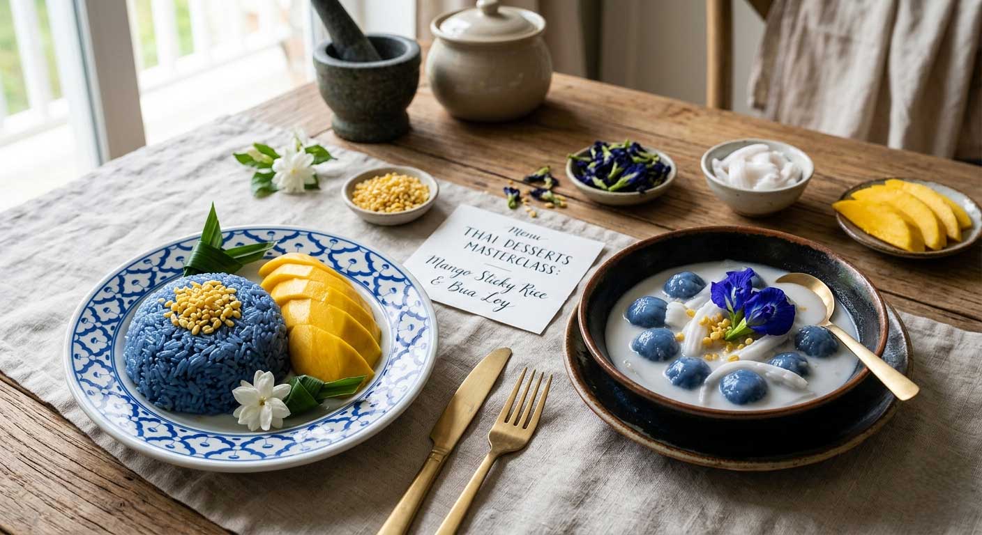 Heavenly Thai Desserts: Mango Sticky Rice & Butterfly Pea Bua Loy
